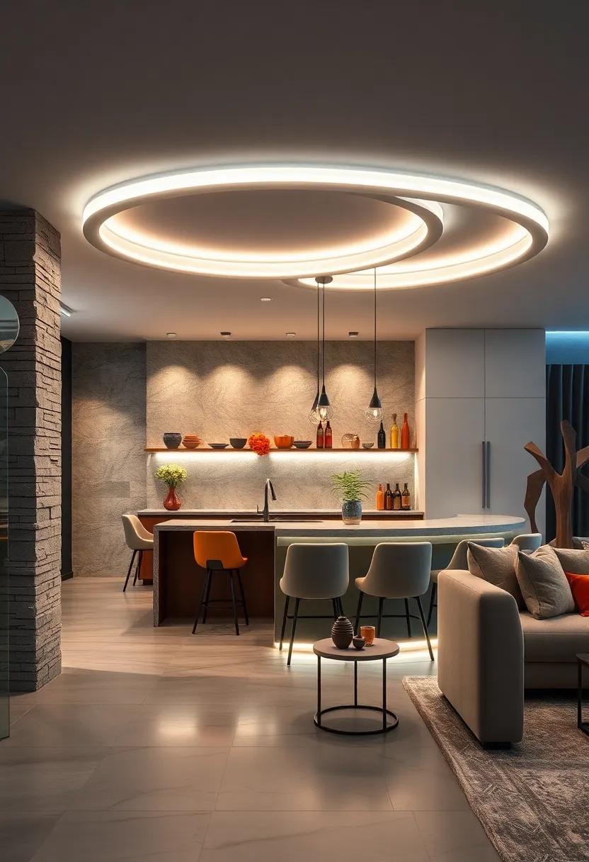 Sculptural LED Rings Illuminating a Curved Kitchen Bar Area with Vibrant Modern Decor