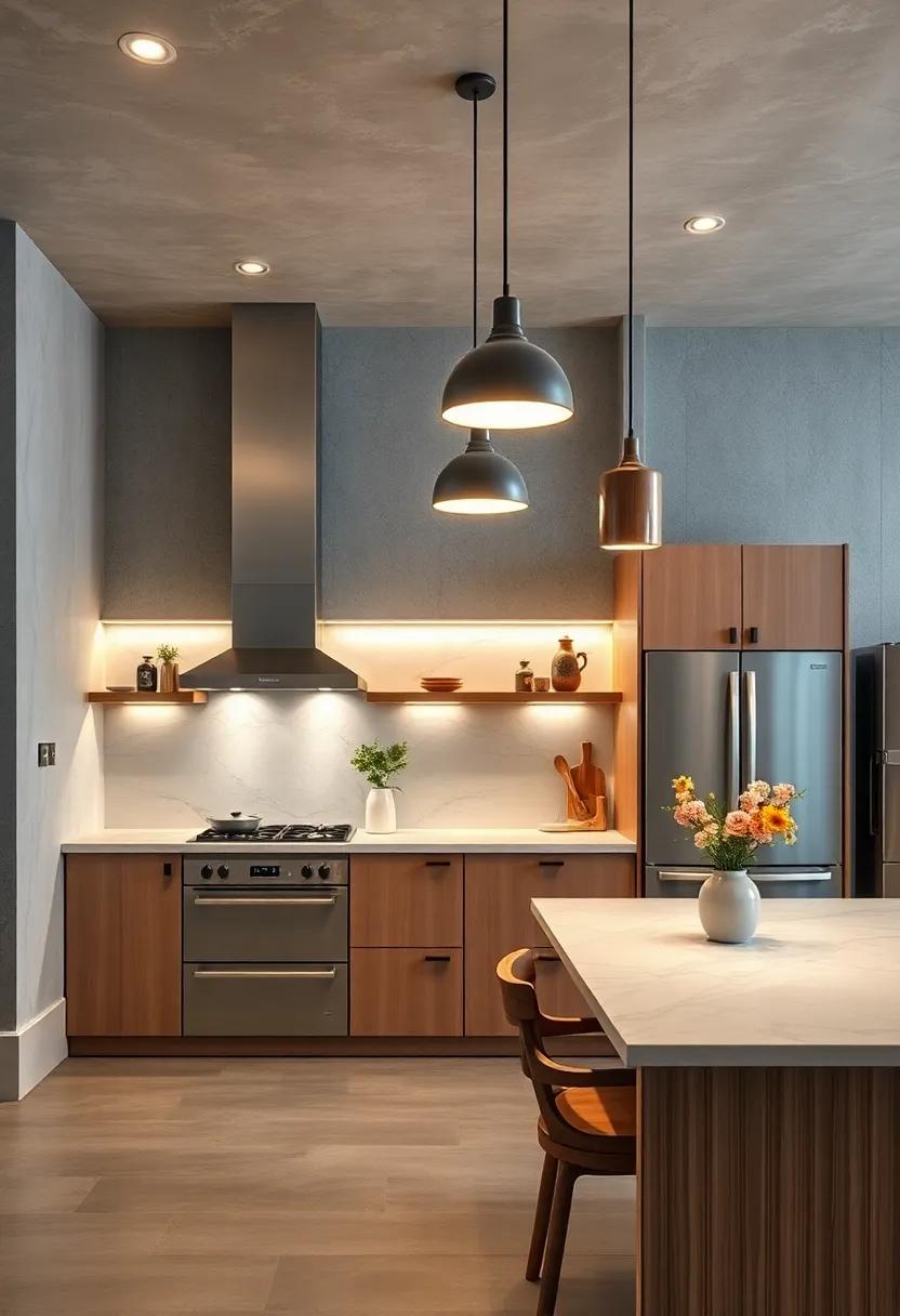 Smart Voice Controlled Lighting Fixtures Integrating Seamlessly into a High-Tech Kitchen Environment