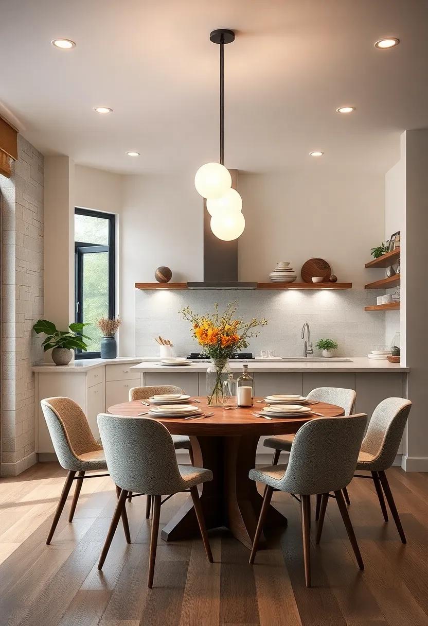 Soft Diffused Globe Fixtures Creating a Cozy Mood Around a Round Wooden Family Dining Table