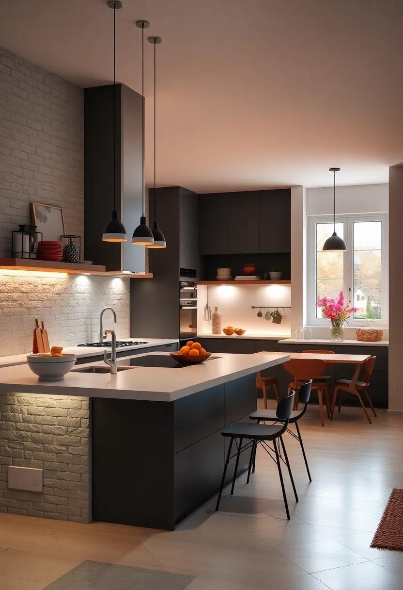 Soft Color Toned Mood Lights Transforming A Monochrome Kitchen into a Relaxing Evening Retreat