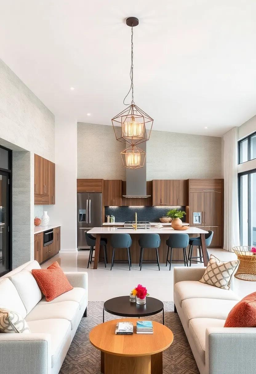Statement Chandeliers with Geometric Shapes Enhancing a Spacious Open-Concept Kitchen