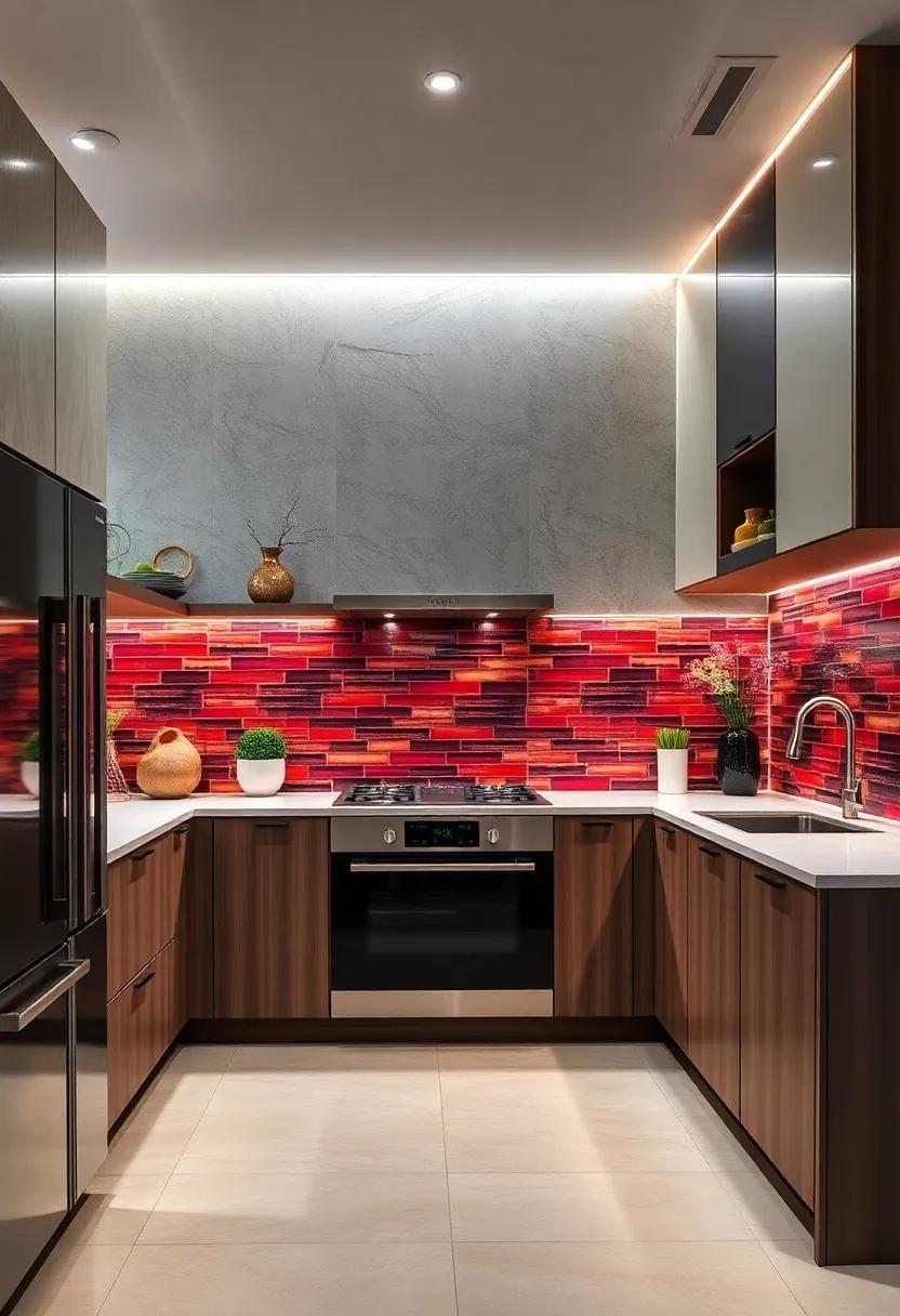 Under Cabinet LED Strips Highlighting Vibrant Backsplash Tiles in a Contemporary Kitchen