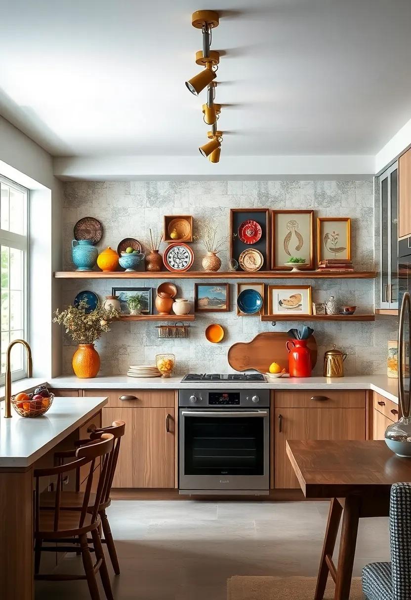 Vintage Brass Track Lighting Directed at a Kitchen Gallery Wall of Colorful Pottery and Frames