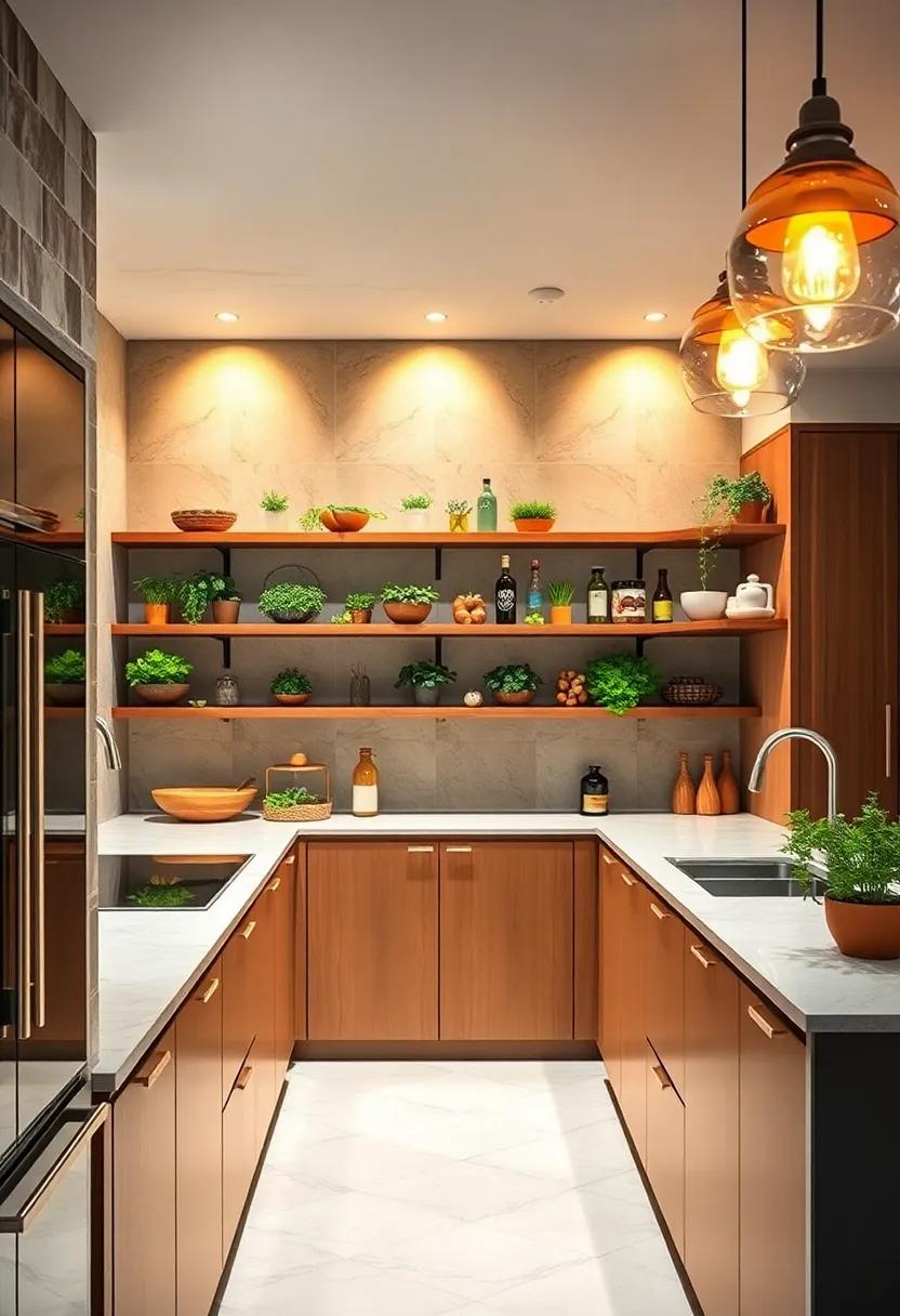 Warm Amber Spotlights Focusing Attention on Fresh Herbs and Spices Arranged on Open Shelving