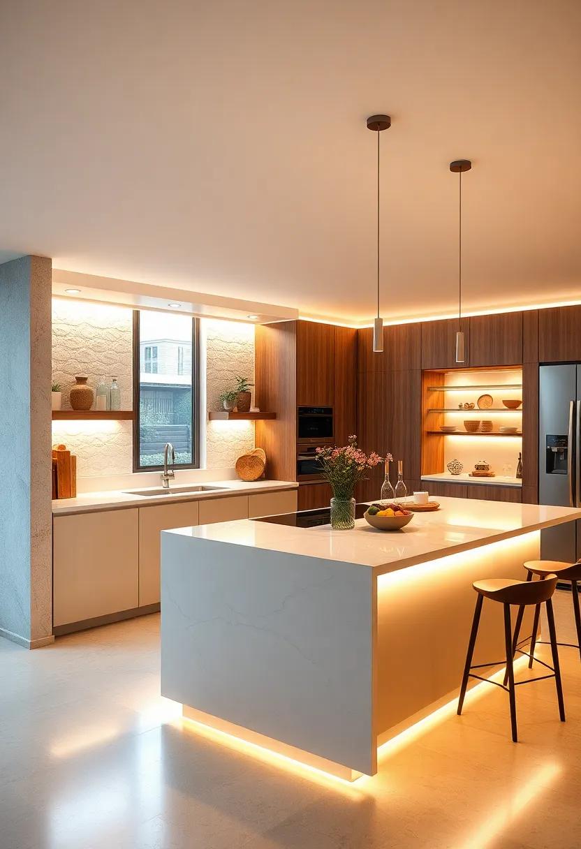 Warm White Architectural LED Lines Defining the Border of a High Gloss Kitchen Island