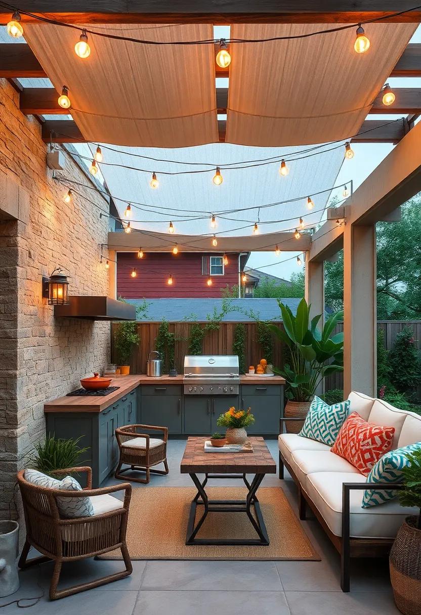 Artful Overhead Pergolas Equipped with String Lights Creating Ambiance and Cozy Cooking Spots
