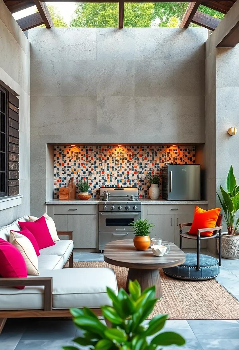 Eye-Catching Mosaic Tile Backsplashes Infusing Color and Character into Tiny Outdoor Food Corners