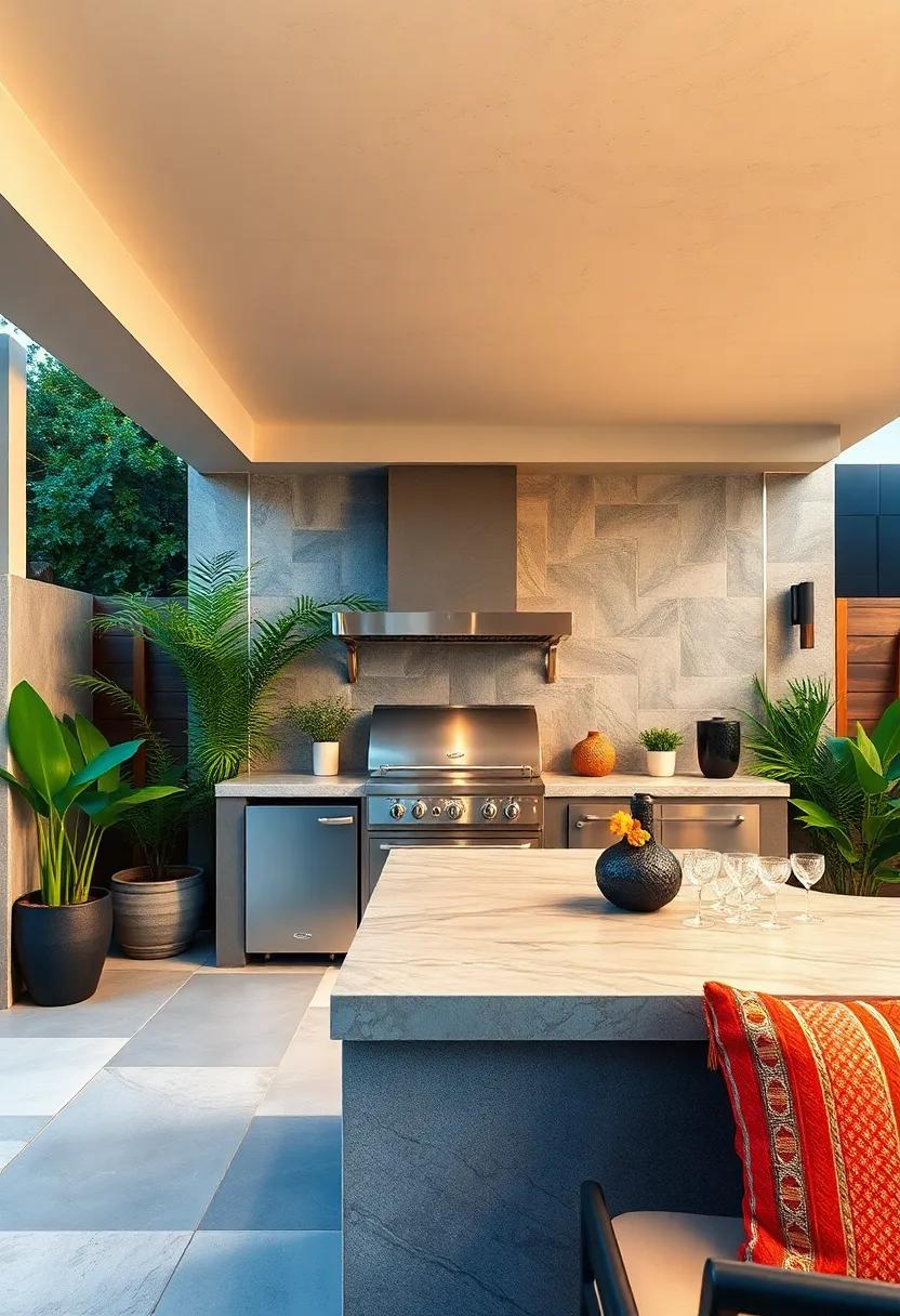 Stunning Multi-Level Countertops Creating Depth and Extra Space in Small Outdoor Culinary Zones