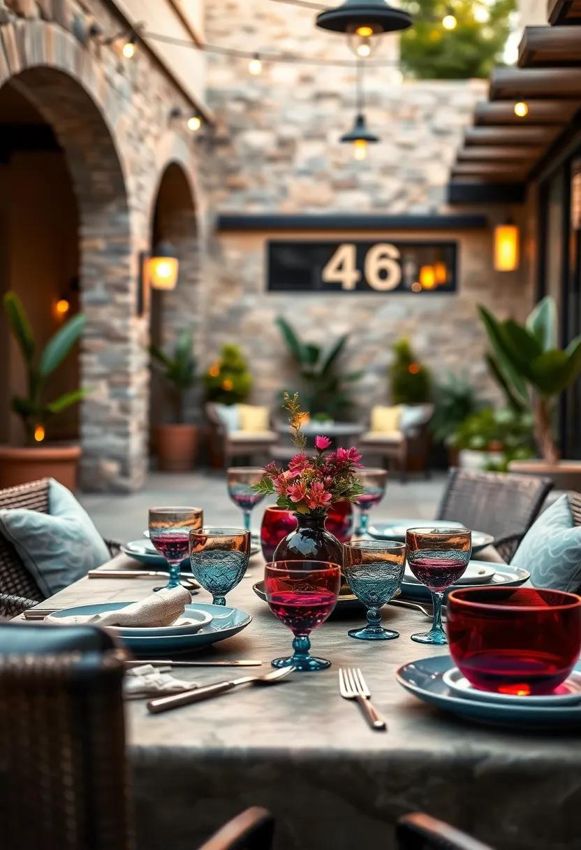 Ceramic and Glass Tableware in Rich Jewel Tones Reflecting Light for an Elegant Evening Ambiance