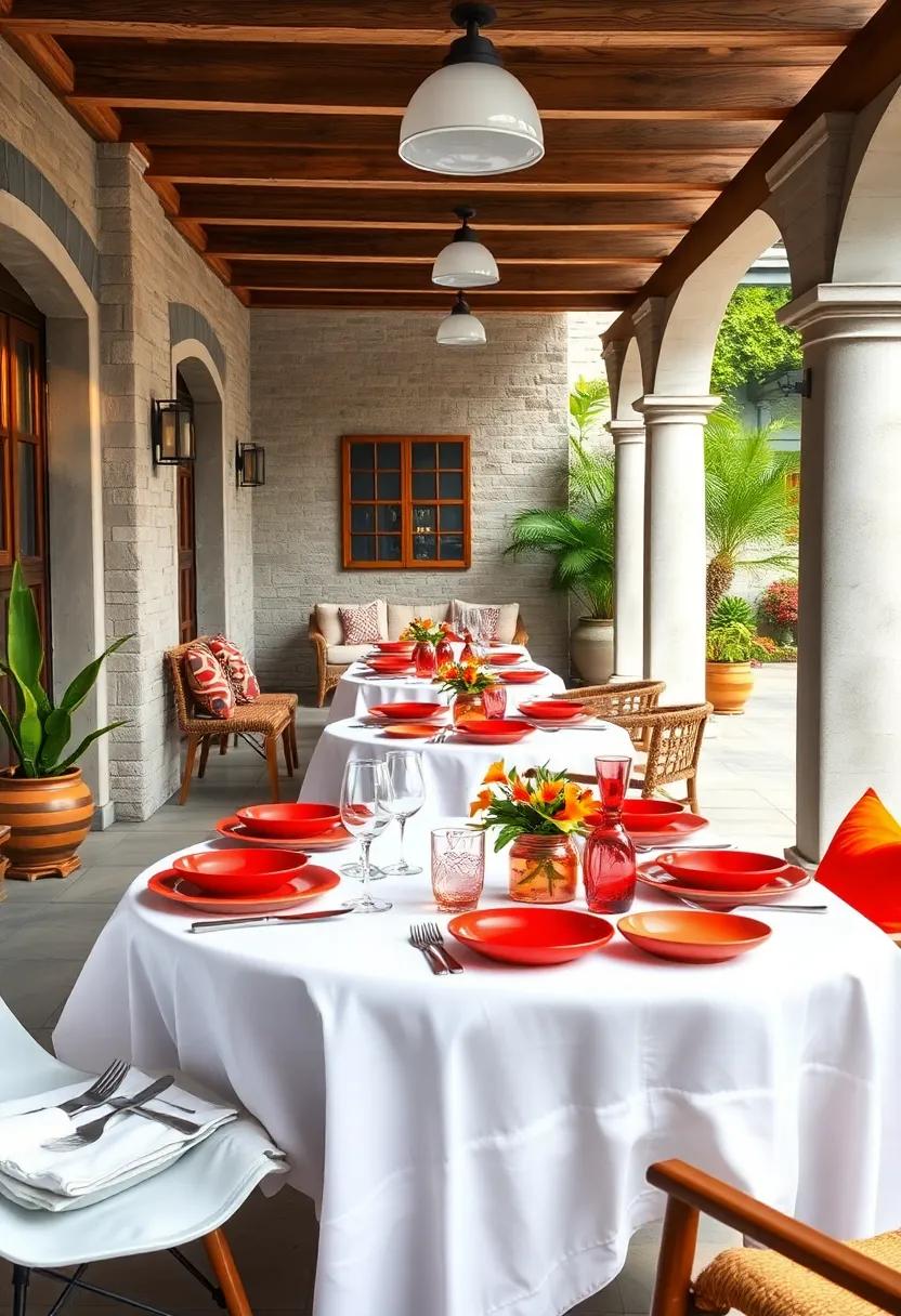 Crisp White Tablecloths Highlighting the Vivid Reds and Oranges of Bold Outdoor Dinnerware