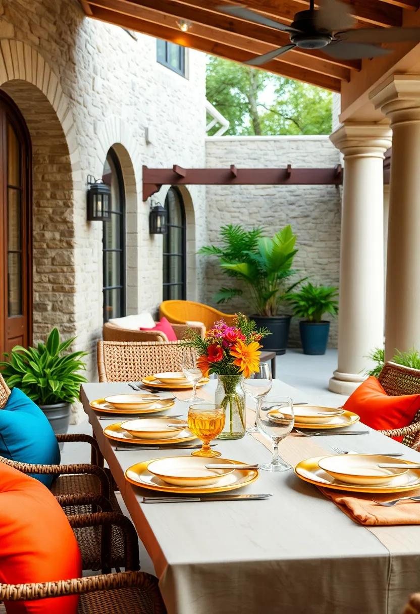 Elegant Gold Rimmed Plates Paired with Bright Table Decorations to Elevate Casual Patio Dining