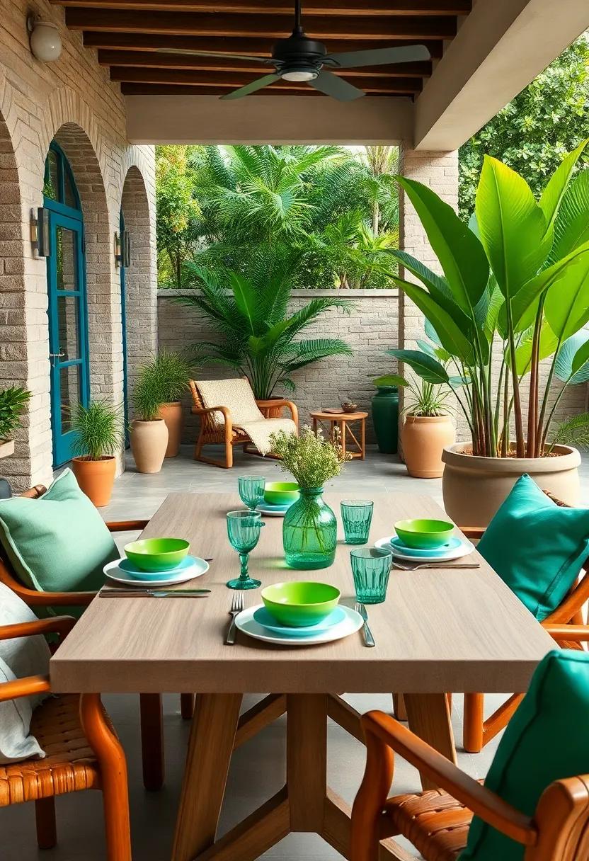 Green and Turquoise Tableware Evoking Tropical Vibes for a Refreshing Outdoor Meal Setting
