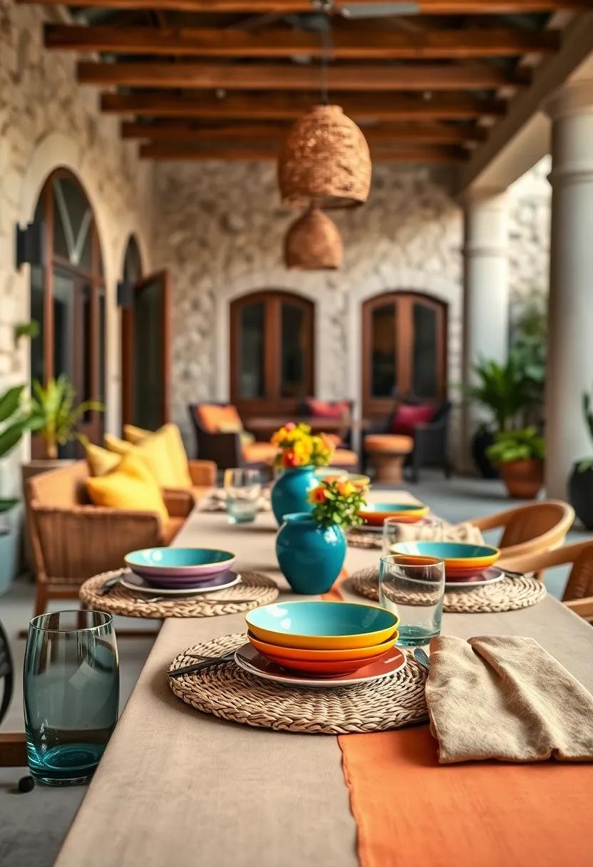 Handwoven Basket Chargers Framing Colorful Plates for an Earthy and Inviting Table Arrangement