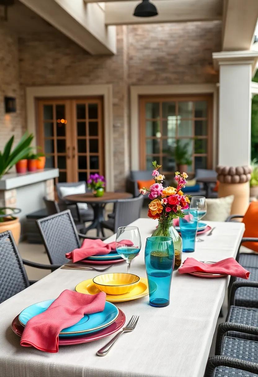 Layered Table Settings Using Ombre Effects in Plates and Napkins for Modern Outdoor Elegance