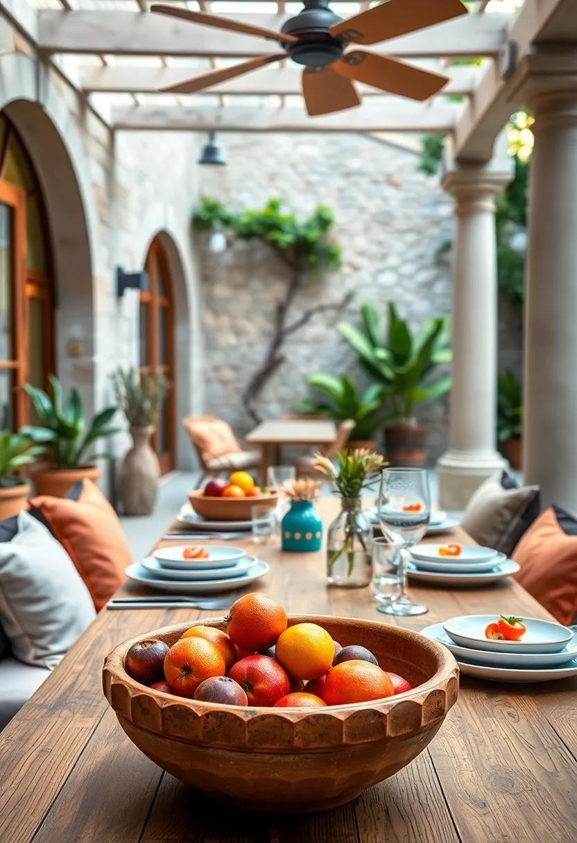 Rustic Terracotta Serving Bowls Filled with Fresh Fruits as a Burst of Natural Color and Texture