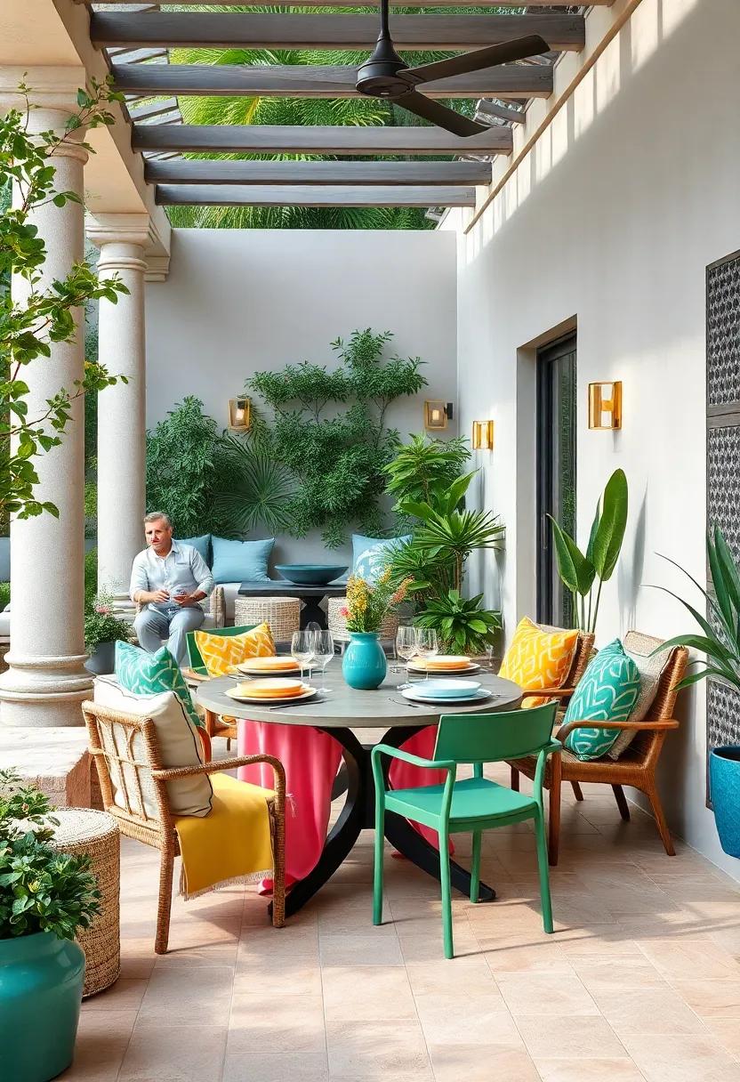 Soft Pastel Blues and Greens Blending Harmoniously with Lush Garden Surroundings on the Patio