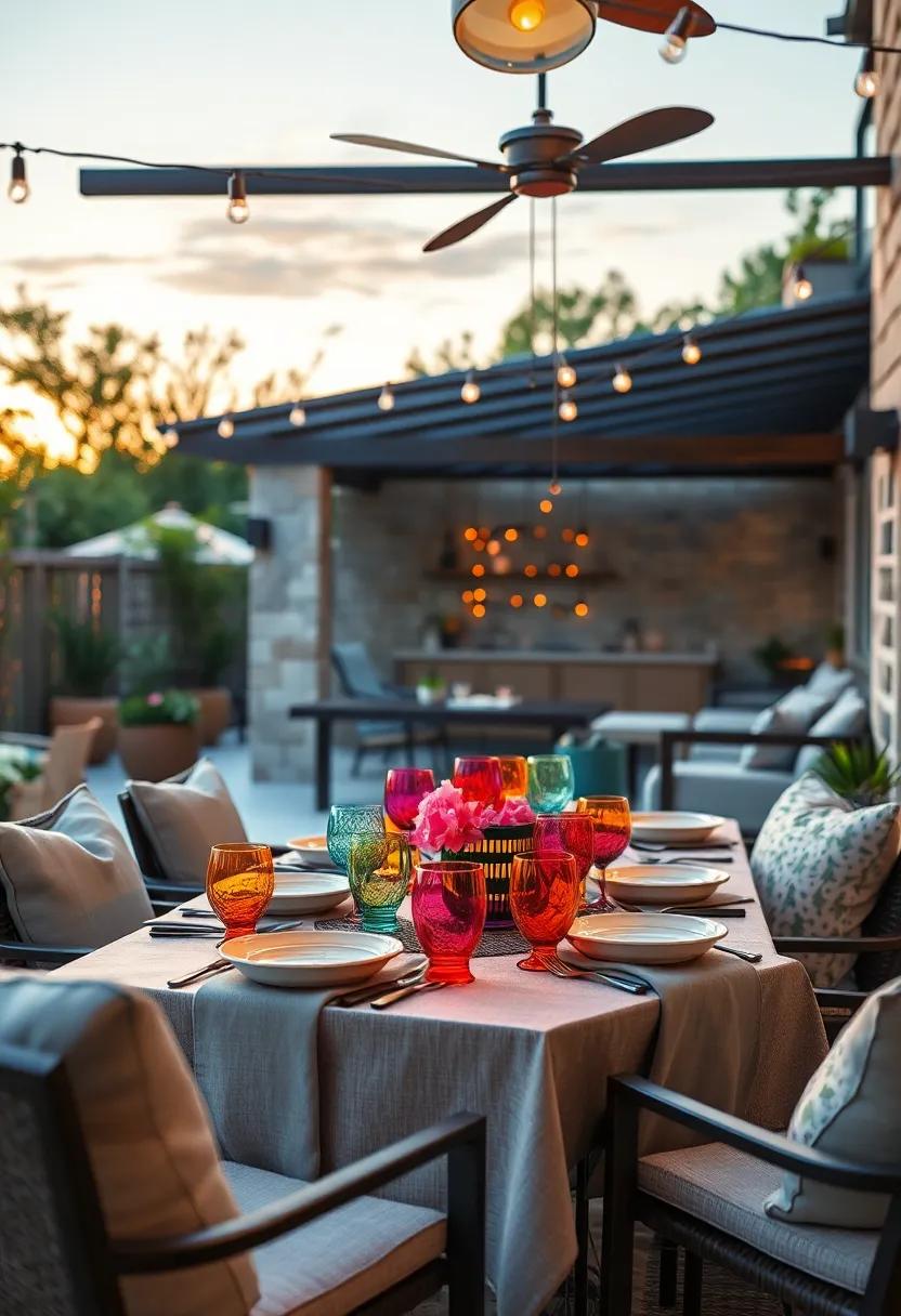 Translucent Colored Glassware Creating a Playful Glow as the Sun Sets Over the Patio