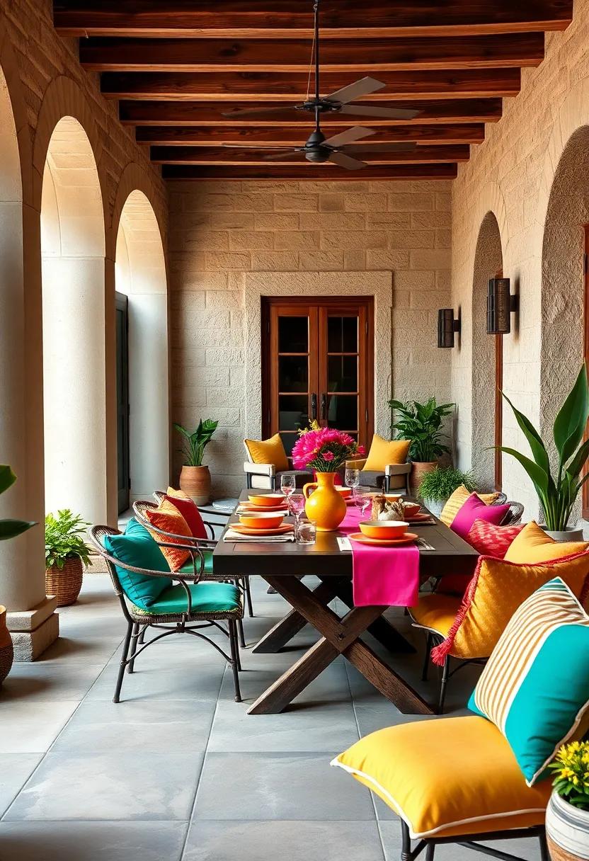 Vibrant Table Linens and Cushions Coordinated with Tableware for a Cohesive Color Story