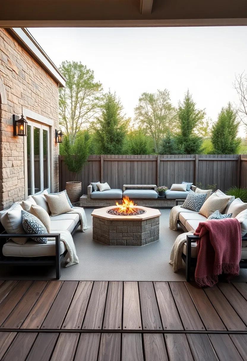 Inviting Fire Pit Seating Surrounded by Plush Outdoor Cushions and Soft Throw Blankets on a Wooden Deck