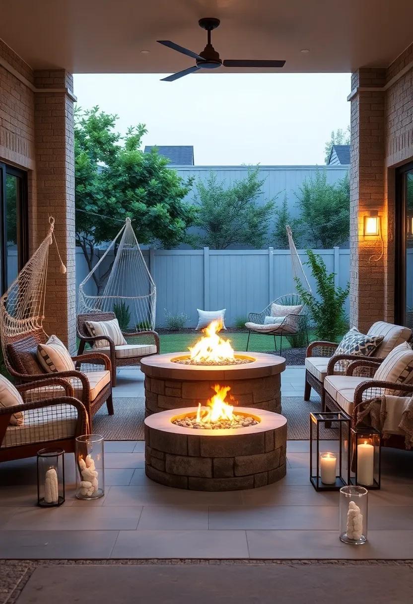 Casual Coastal Fire Pit Lounge Framed by Hammock Chairs, Driftwood Decor, and Sea Glass Lanterns