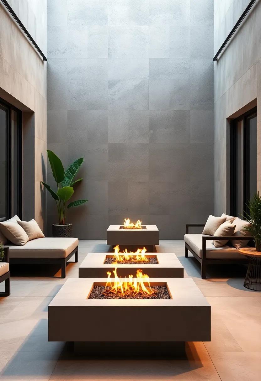 Modern Minimalist Patio Lounge Featuring Sleek Concrete Fire Pit and Low Profile Modular Seating