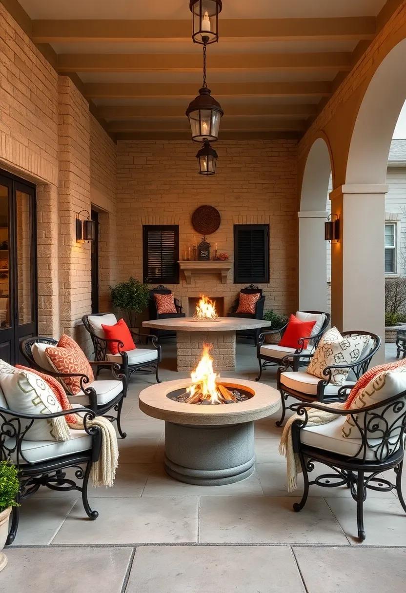 French Country Style Lounge with Wrought Iron Armchairs, Cozy Throws, and a Vintage Fire Pit Feature