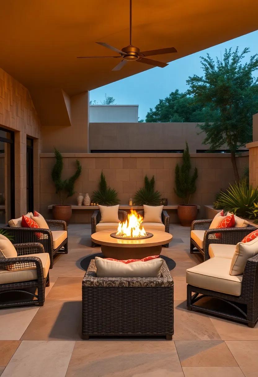 Intimate Evening Gathering Around a Glowing Gas Fire Pit Surrounded by Upholstered Rattan Sofas
