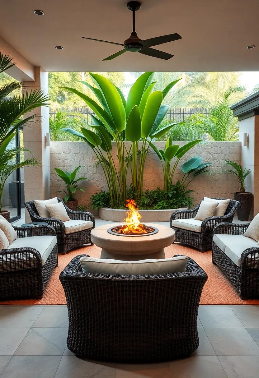 Tropical Patio Oasis with Wicker Loungers Grouped Around a Stone Fire Bowl and Lush Greenery