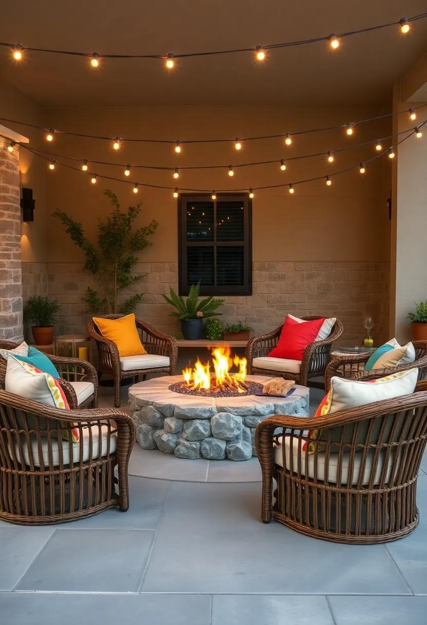 Rustic Stone Fire Pit Enclosed by Circular Wicker Chairs with Cozy Colorful Pillows Under String Lights