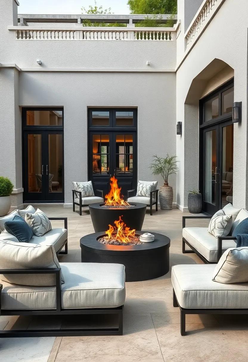Classic Patio Lounge with Overstuffed Leather Sofas Ringing a Circular Firepit on an Expansive Flagstone Floor