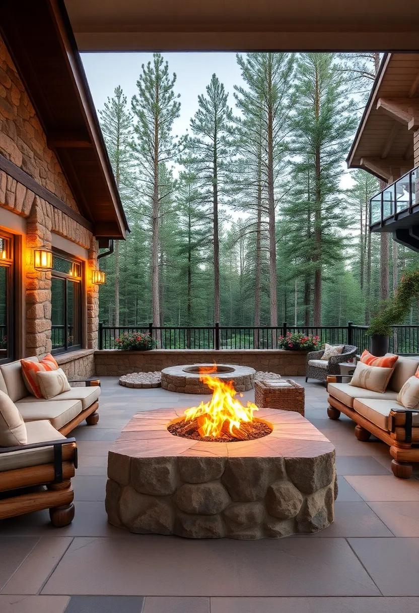 Cozy Mountain Cabin Patio Featuring Log Benches and a Large Stone Fire Pit Surrounded by Pine Trees