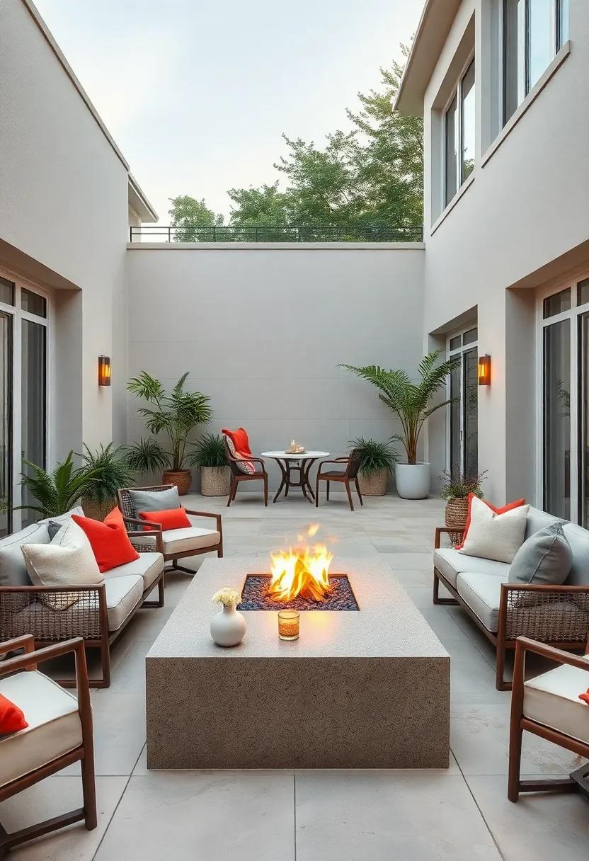 Scandinavian Inspired Lounge Area with Clean Lines, Neutral Tones, and a Fire Pit Made of Smooth Granite