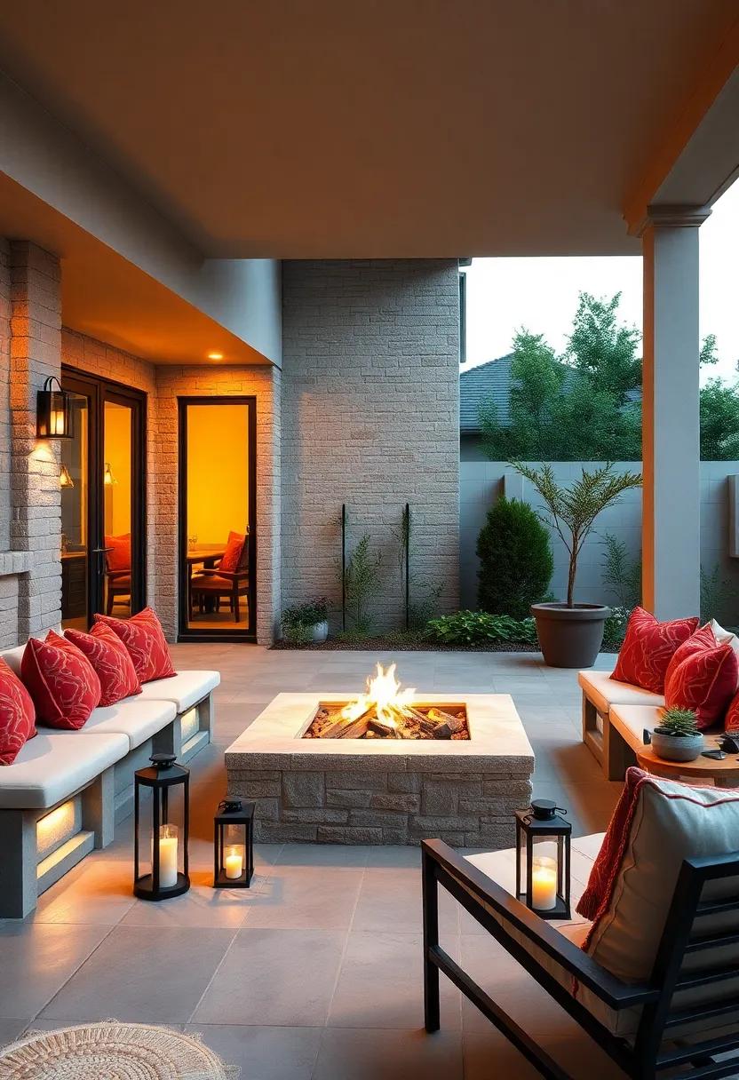 Chic Contemporary Patio Featuring a Built-In Fire Pit with Concrete Benches and Modern Outdoor Lanterns