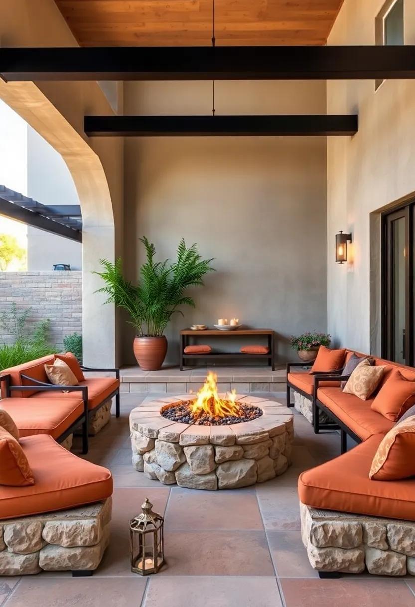 Bohemian Chic Patio Lounge Set with Vintage Rug, Mixed Pattern Pillows, and a Central Mason Jar Fire Pit