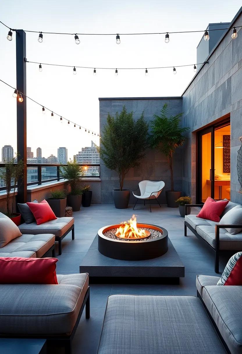 Urban Rooftop Patio with Low Lounge Seating and a Sleek Steel Fire Pit Creating a Warm, Inviting Ambiance
