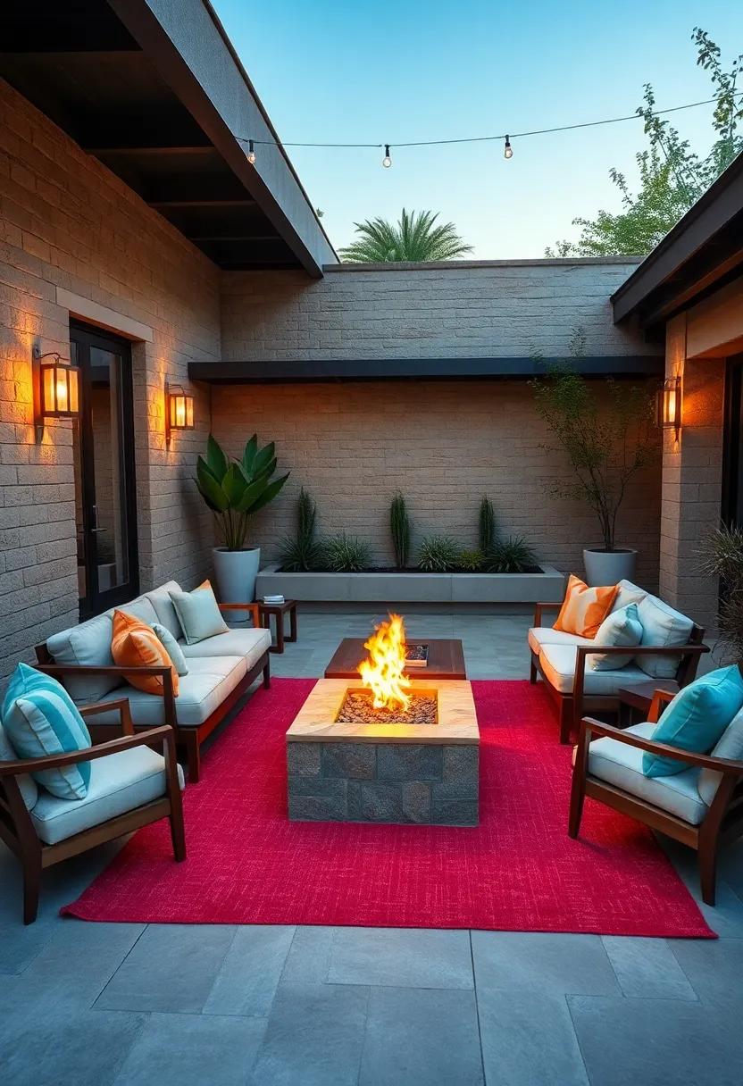 Mid-Century Modern Fire Pit Lounge Highlighted by Angular Seating and Bold Colored Outdoor Rugs