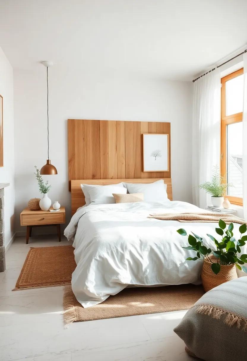 Serene Scandinavian Bedroom with Natural Wood Accents and Crisp White Textiles Harmonizing Light and Texture