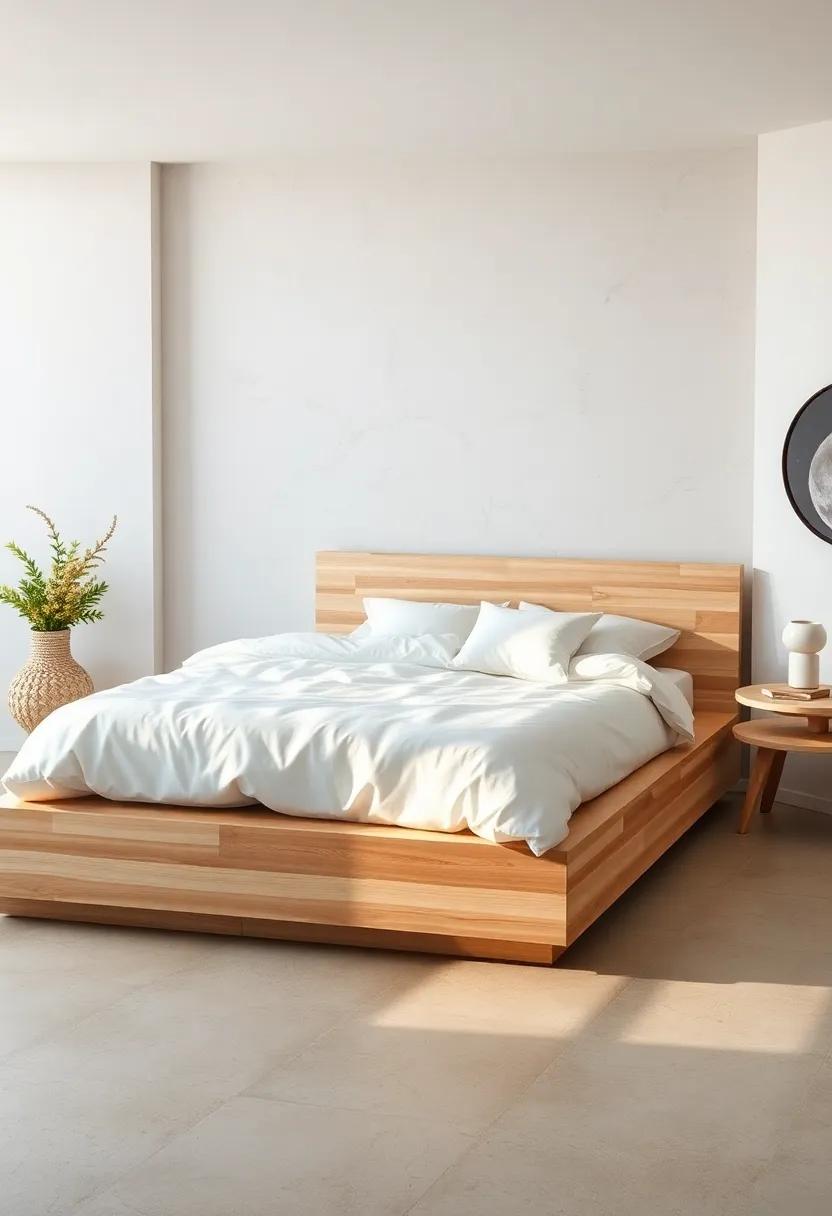 Pure White Scandinavian Bedding Set on a Platform Bed Crafted from Smooth Blonde Wood for Serene Vibes