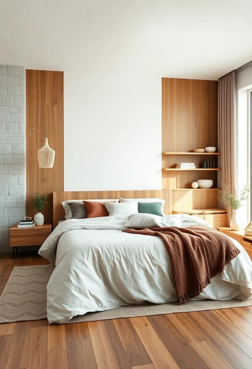 Organic Wood Tones and White Color Palette Merging Seamlessly Across Scandinavian Bedroom Shelving and Storage