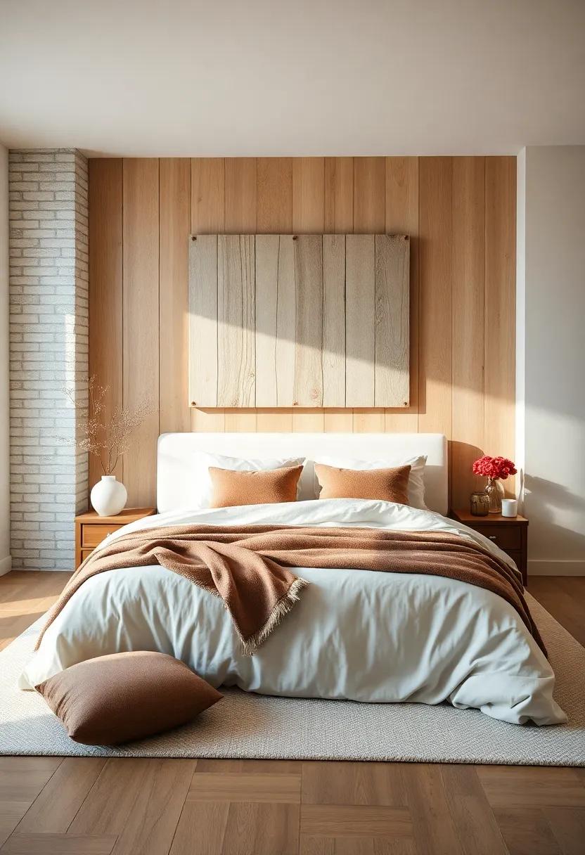 Subtle Wooden Wall Art with Whitewashed Finish Enhancing Calmness in a Serene Scandinavian Bedroom