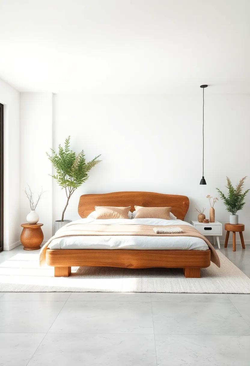 Nordic Bedroom Space Showcasing Organic Wooden Bed Frame Surrounded by Crisp White Minimalist Interior