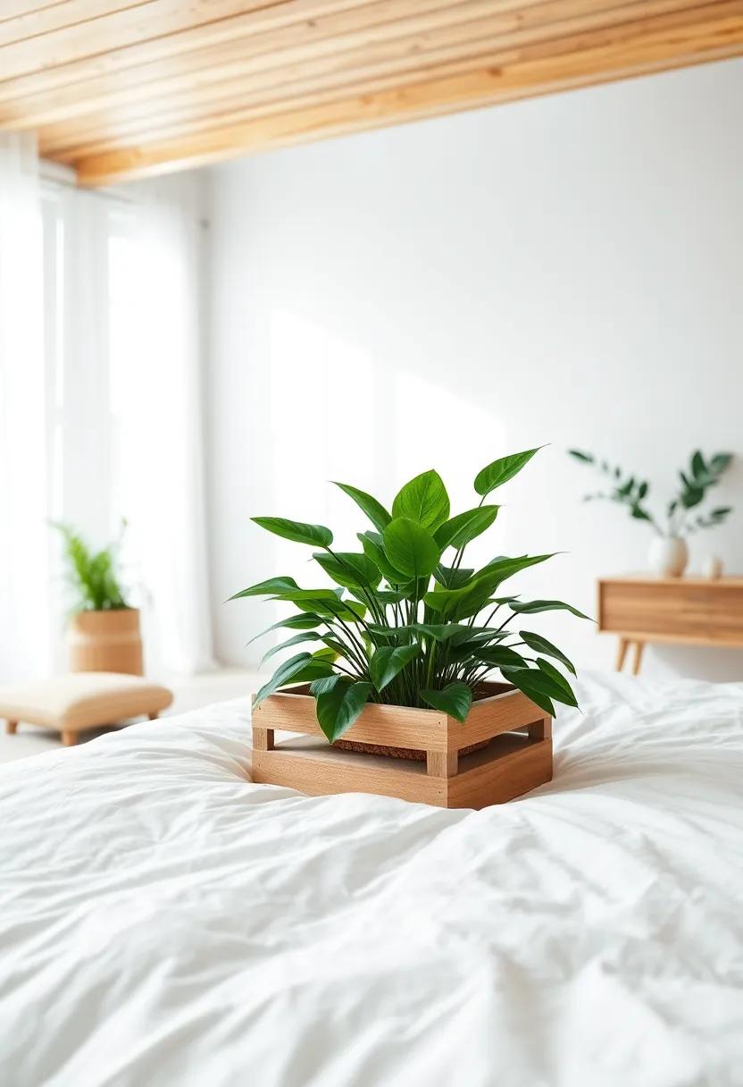 Lush Green Indoor Plant Nestled in Natural Wooden Planter Brightening a White Nordic Minimal Bedroom