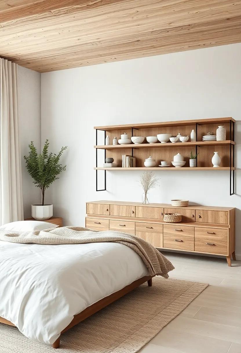 Open Shelving Crafted From Natural Wood Displaying Simple White Pottery and Neutral Nordic Accessories