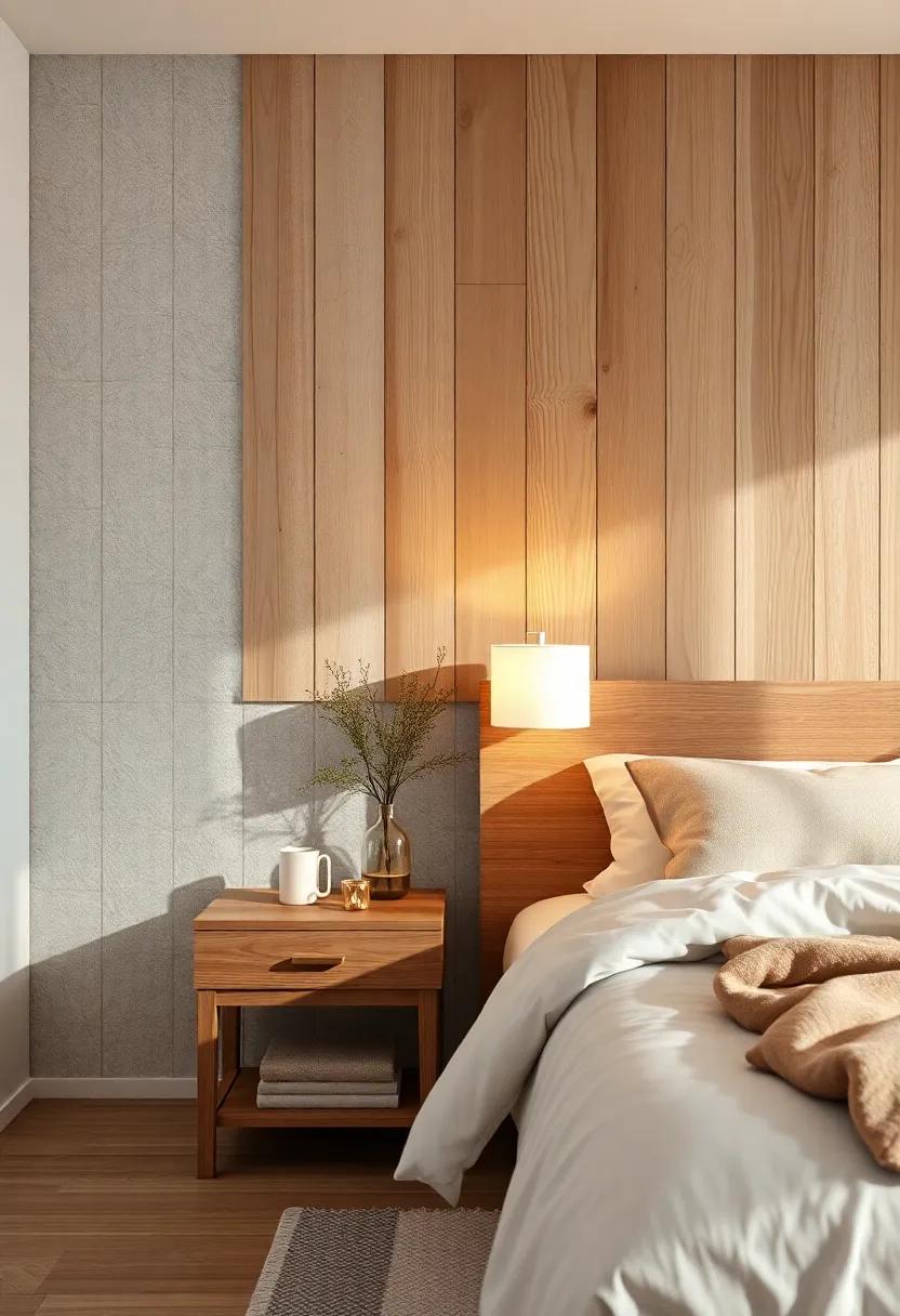 Neutral Wooden Nightstand with White Modern Lamp Emitting Gentle Warm Light in a Serene Bedroom Setting