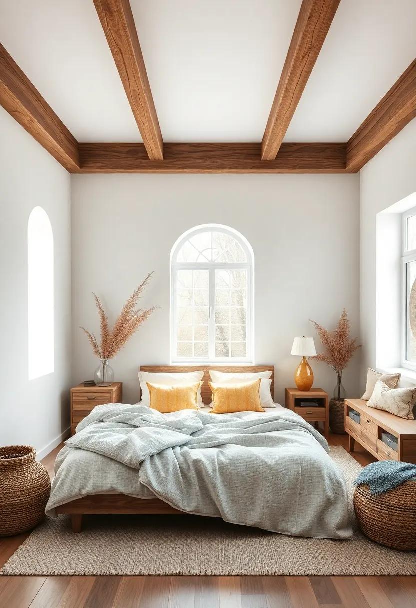 Scandinavian Bedroom Nestled with Wooden Beams and White Walls Creating a Peaceful Harmonious Atmosphere