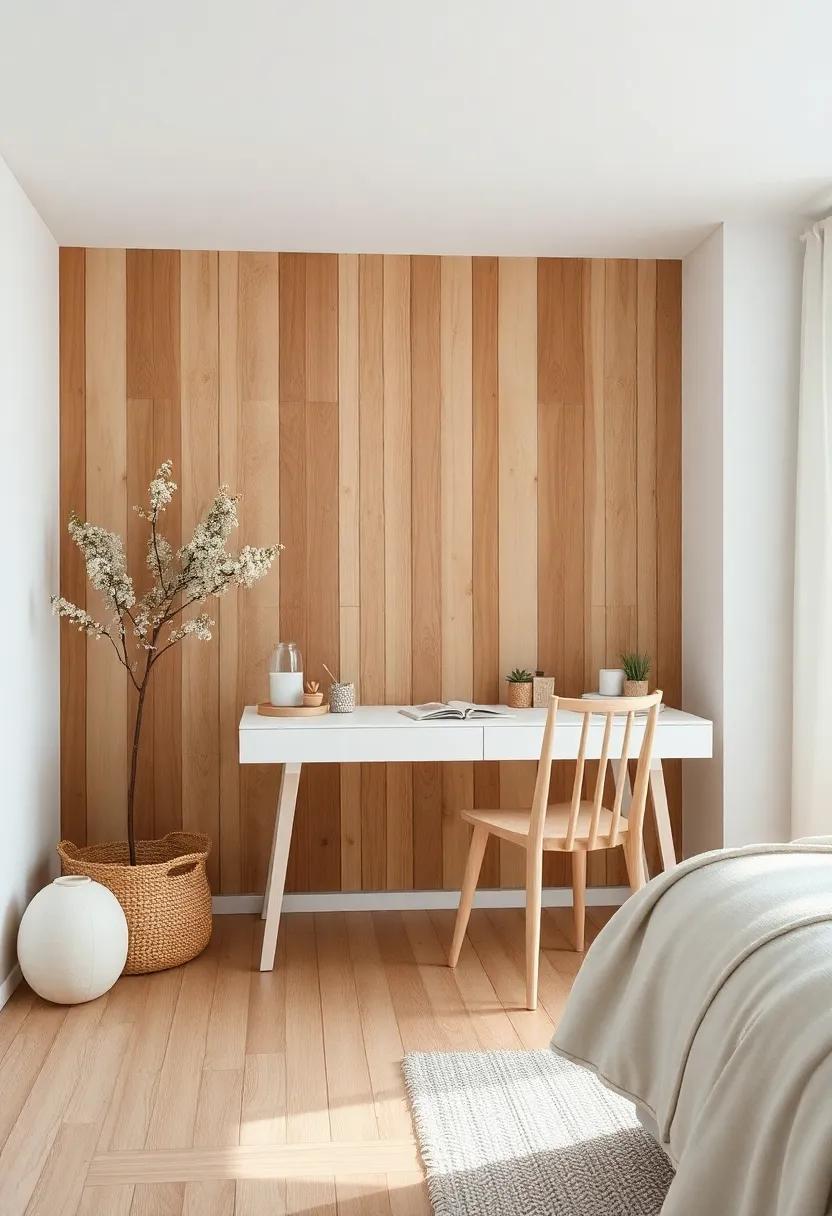 Clean Scandinavian Workspace in Bedroom Featuring White Desk and Pale Wood Chair in Harmonious Balance