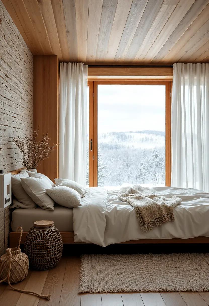 Minimalist Bedroom Window Framed in Light Wood Overlooking Snowy Nordic Landscape with White Sheer Drapes