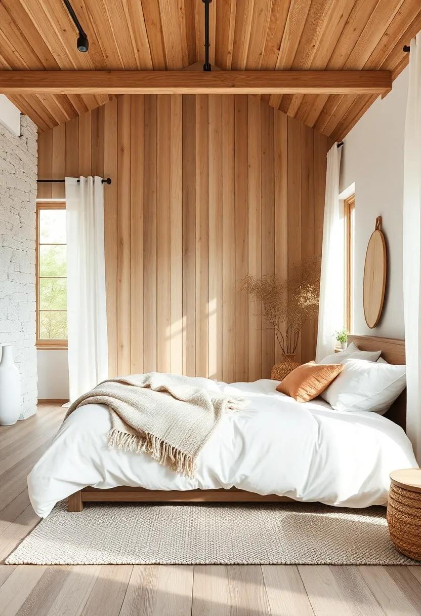Scandinavian Bedroom Featuring Folded White Linens and Handmade Wooden Decor for Rustic Minimalism