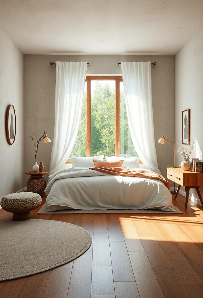 Natural Light Filtering Through White Linen Drapes Into a Scandinavian Bedroom with Polished Wood Flooring