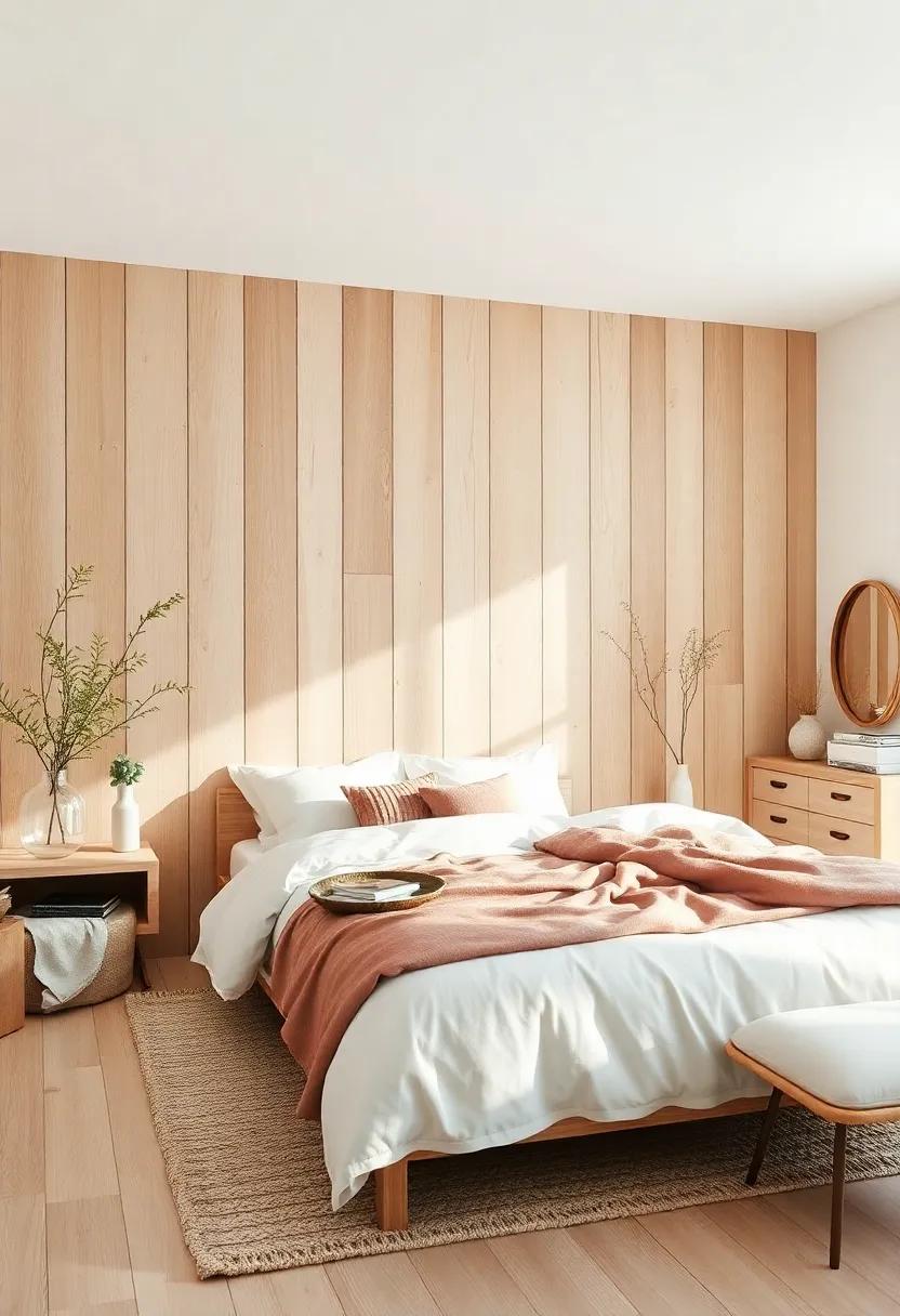 Cozy Scandinavian Bedroom Corner with Natural Pine Wood Accent Chair and White Textured Wool Throw